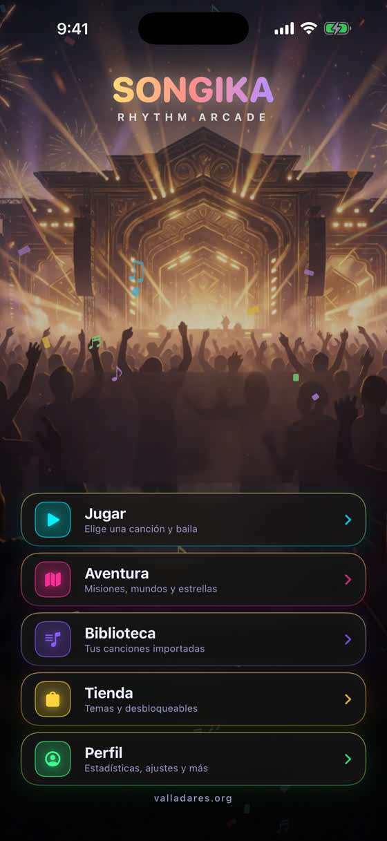 Menú principal de Songika con notas musicales y confeti cayendo sobre el público